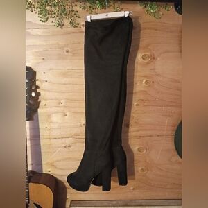 Sleek Black Faux Suede Thigh-High Boots - Women's Size 10 - 4.5" Heel